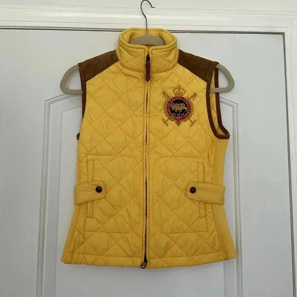 Ralph Lauren Sport Essex Crest Equestrian Vest Quilted Yellow Suede Sz SP - Picture 4 of 9